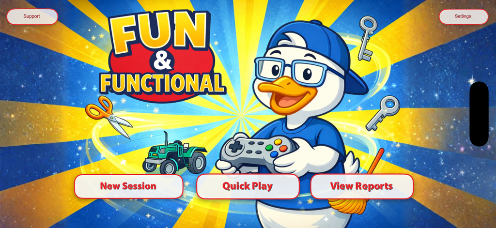 Fun & Functional - A tela inicial do aplicativo Divertido e Funcional com um pato de desenho animado com um controle de jogo e botões de navegação para Nova Sessão, Jogo Rápido e Ver Relatórios.