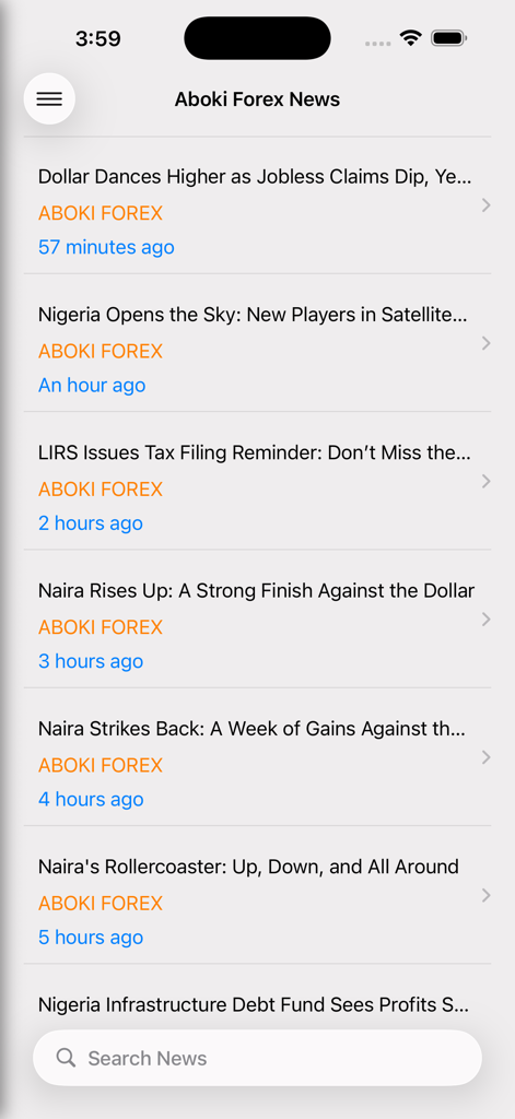 Aboki Forex Currency Converter - Aboki Forex News screen showing a feed of financial headlines and updates on the Nigerian Naira and global markets.