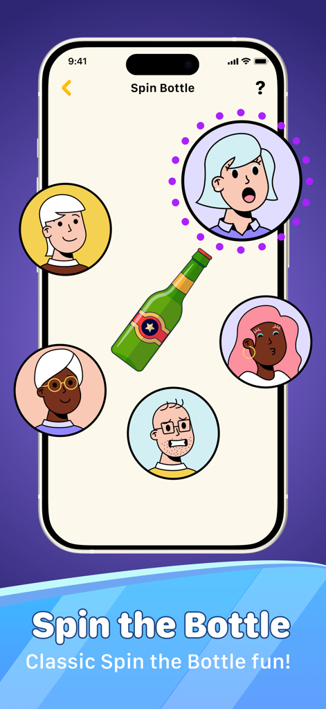 A mobile screenshot of the Spin the Bottle feature within the Finger Chooser app featuring illustrated characters.