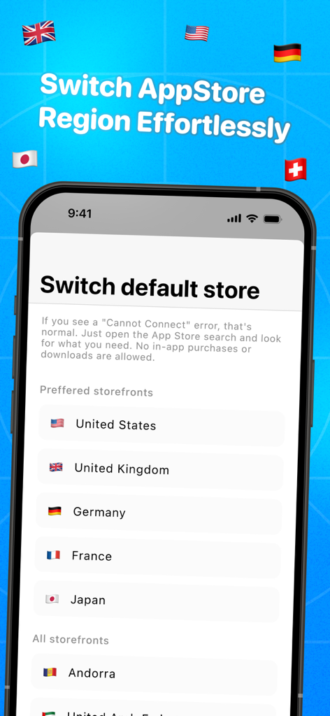Review Buddy:ASO, switch store - Review Buddyアプリのインターフェース。米国、英国、ドイツなどのグローバルなストアリストを含むデフォルトストア切り替え機能を表示しています