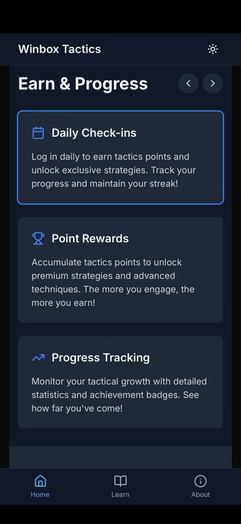 Winbox Tactics - Interfaz de la app Winbox Tactics mostrando funciones para check-ins diarios, recompensas de puntos y seguimiento del progreso táctico.