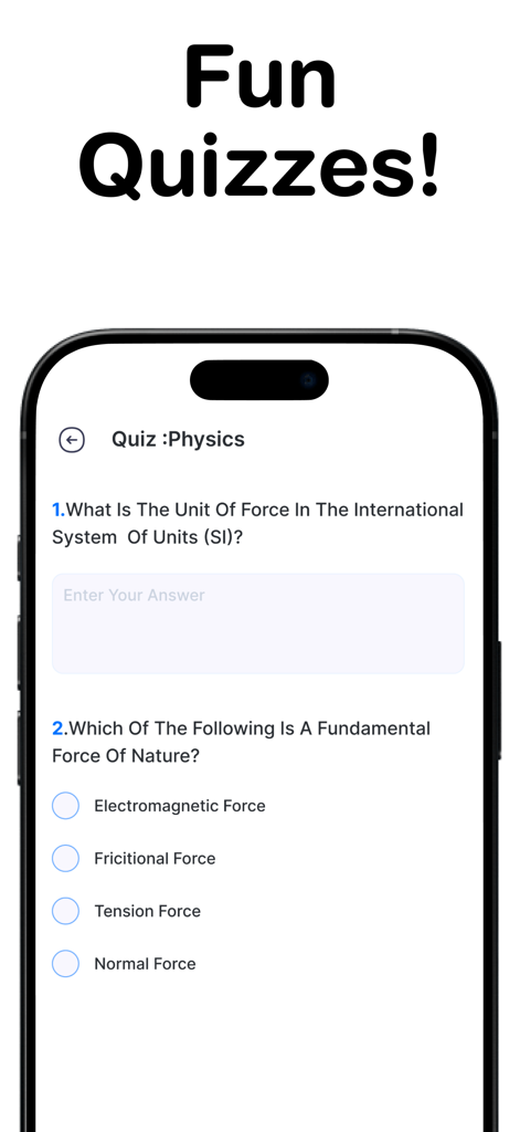 Academi AI: Study & Exam Tutor - Mobile app screen showing a physics quiz with interactive multiple choice questions and text input.