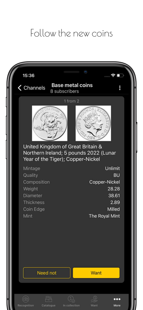 Maktun: Coin, Note Collection - Interface de l'application Maktun montrant les spécifications détaillées de la pièce et les options de collection pour une pièce britannique de cinq livres