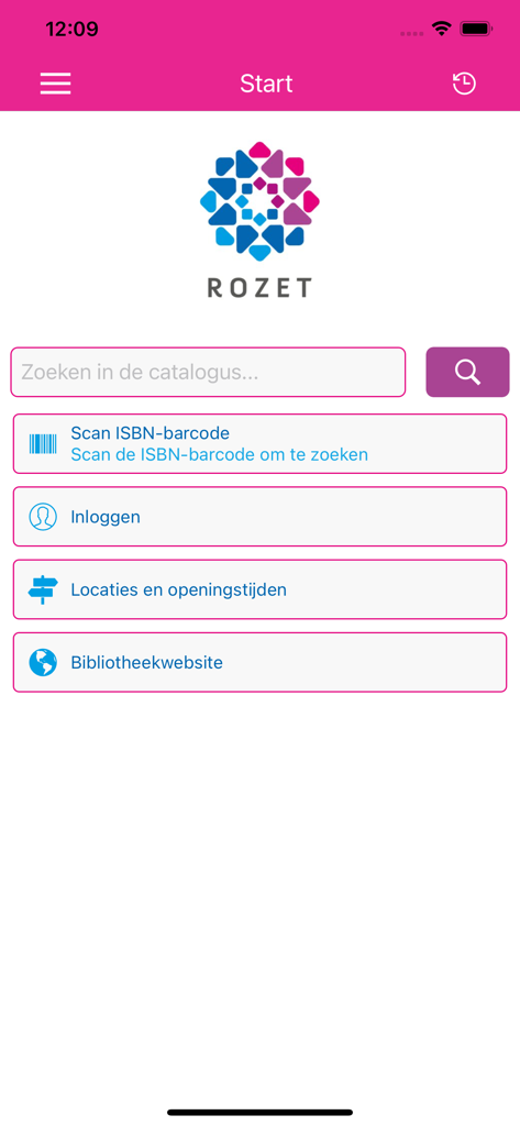 Rozet Bibliotheek - Home screen of the Rozet Bibliotheek app featuring a search bar, ISBN scanner, and navigation buttons for library services.