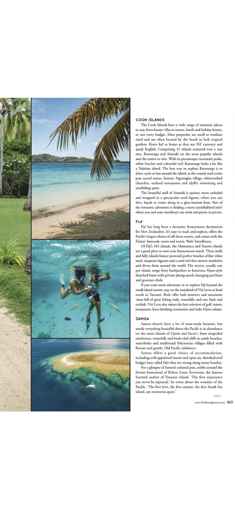A digital magazine page featuring honeymoon destination guides for the Cook Islands, Fiji, and Samoa with tropical photos
