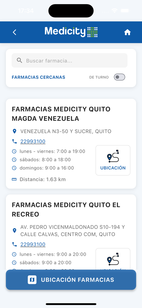 Tu App Farmacia - Medicity app interface showing a list of nearby pharmacies with addresses and hours