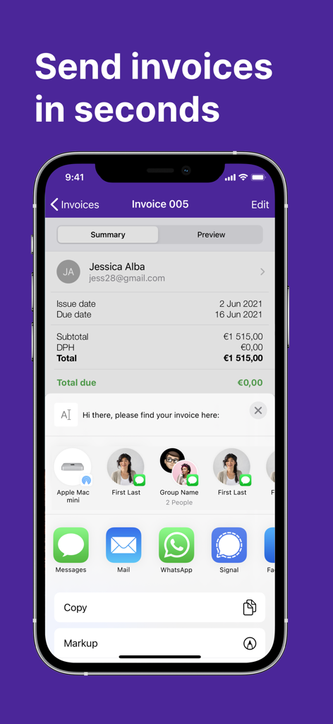 Easy Invoice Maker App - Easy Invoice Maker app screen showing options to send professional invoices via text and email