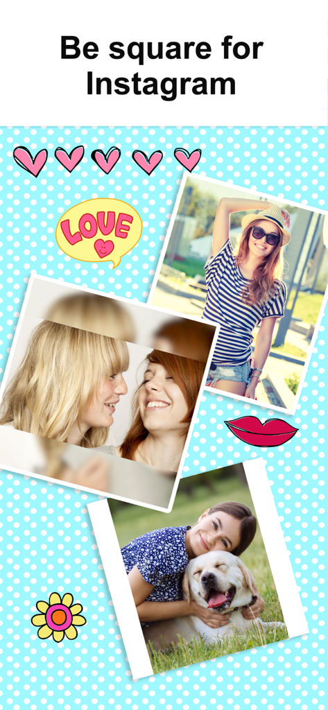Photo Collage Montage Maker - Un collage de fotos cuadrado para Instagram con pegatinas decorativas y fotos personales sobre un fondo de lunares azules.