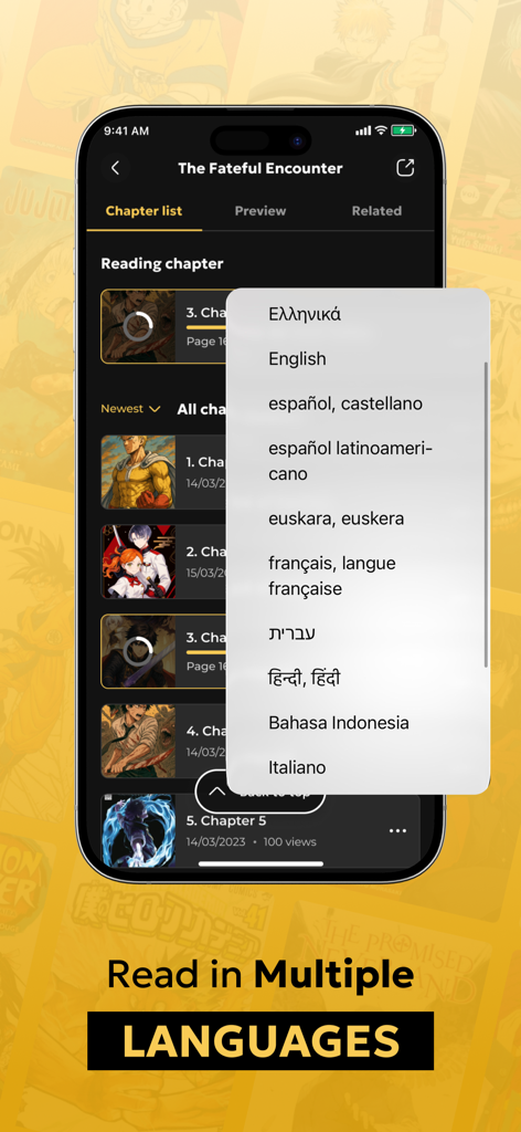 Captura de tela do aplicativo Manga Reader King mostrando um menu suspenso com várias opções de idioma para ler capítulos de mangá