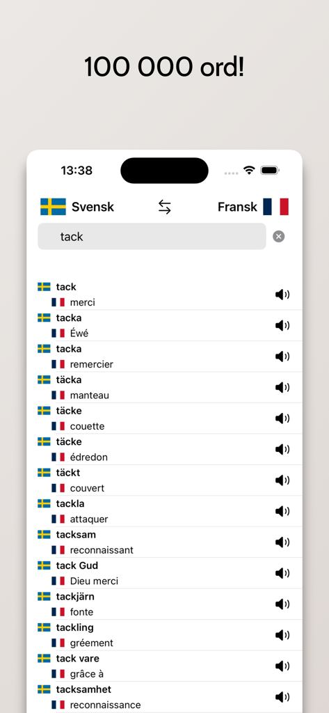 Fransk-Svensk ordbok - Interface do aplicativo Fransk-Svensk ordbok mostrando traduções de sueco para francês para a palavra 'tack' com ícones de pronúncia em áudio.