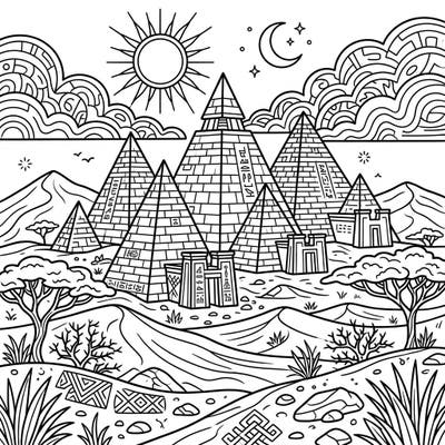 Journey back in time with this exquisite coloring page featuring the majestic Nubian Pyramids. Designed with clear lines and accessible details, it offers a relaxing and engaging artistic escape perfect for seniors.