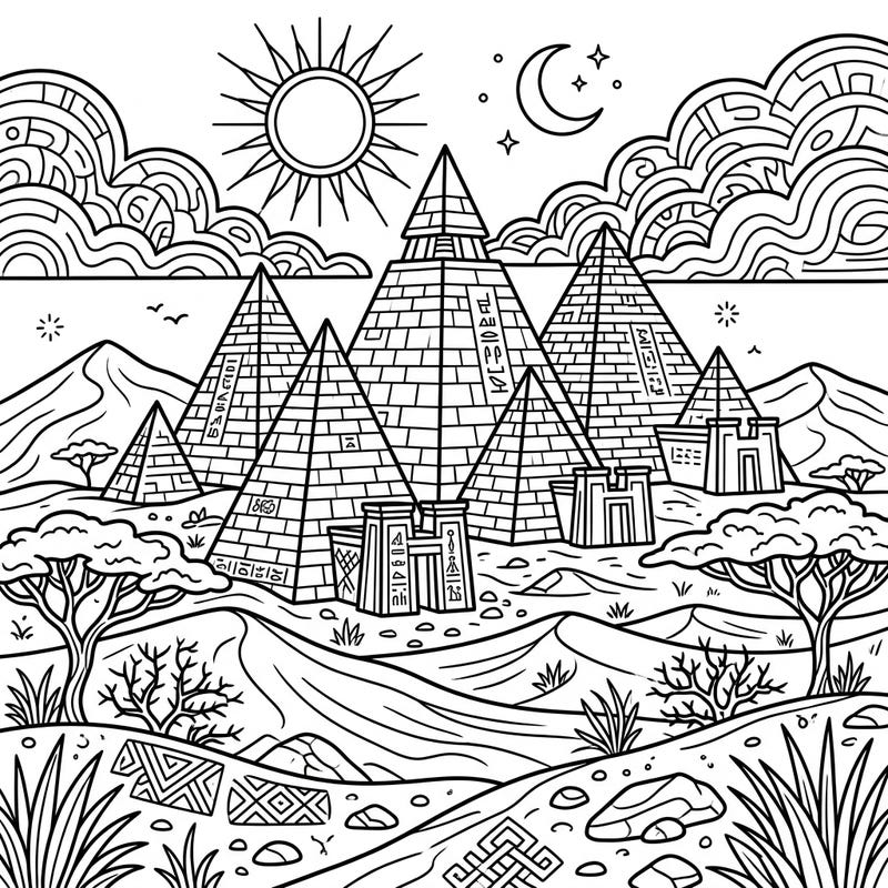 Journey back in time with this exquisite coloring page featuring the majestic Nubian Pyramids. Designed with clear lines and accessible details, it offers a relaxing and engaging artistic escape perfect for seniors.