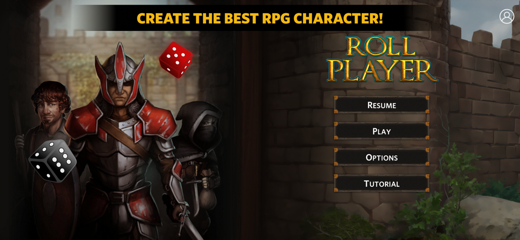 Roll Player - The Board Game - Main menu of Roll Player board game app featuring fantasy characters and game options