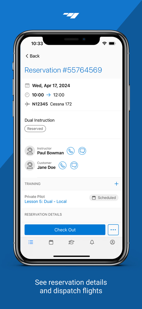 Flight Schedule Pro - Flight Schedule Pro app screen showing reservation details for a Cessna 172 including instructor info and training lesson