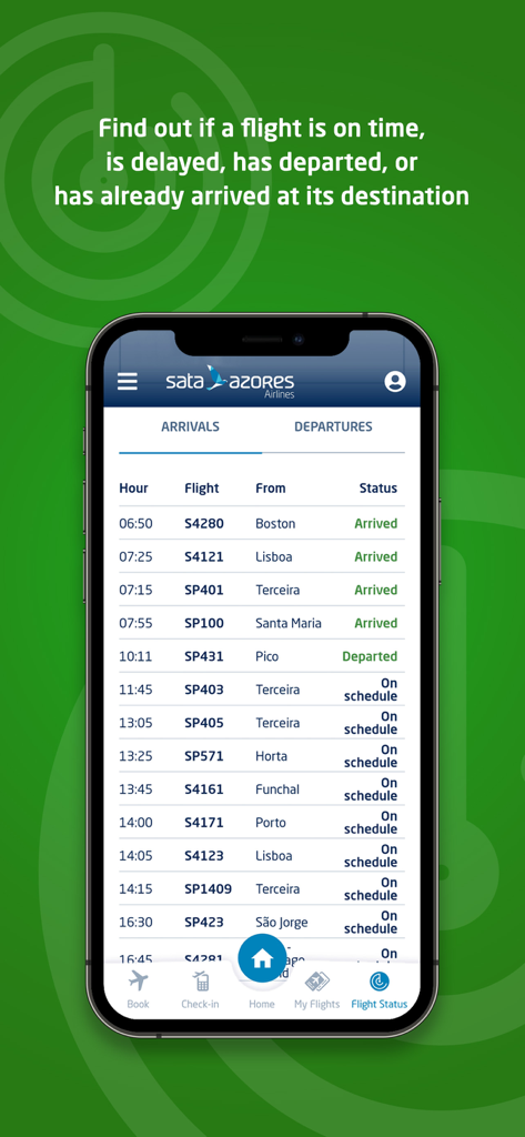 SATA Azores Airlines - Schermata dell'app mobile SATA Azores Airlines che mostra gli orari di arrivo dei voli e lo stato in tempo reale.