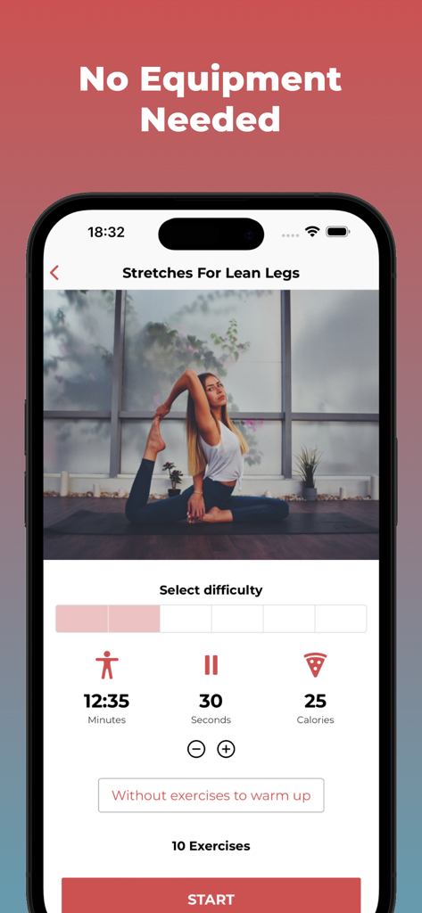 30 Day Splits Challenge - Interface of the 30 Day Splits Challenge app showing a woman stretching for lean legs with workout duration and calorie metrics