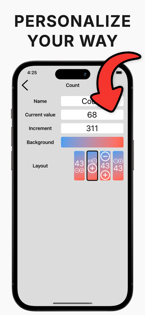 Tally Counter - Clicker - Tally counter app customization screen showing options for name, value, increment, background color, and layout.