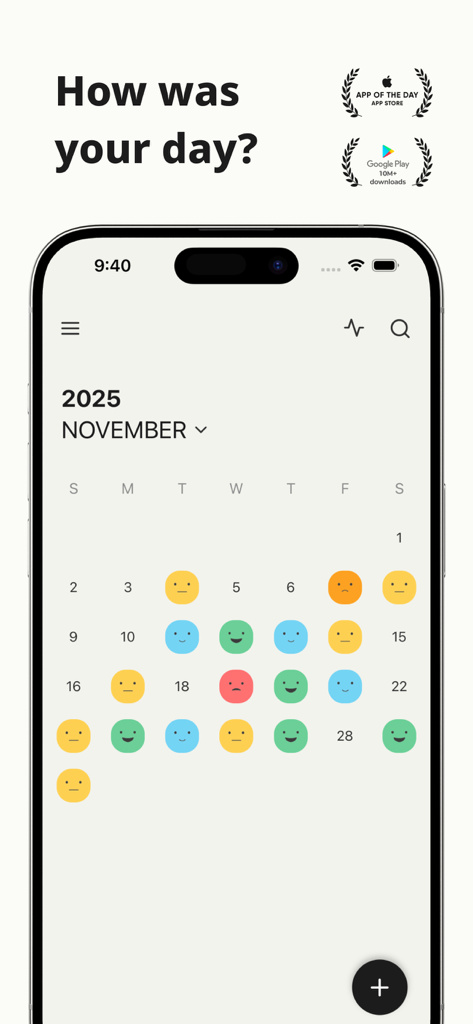 Murmur app calendar interface showing daily mood tracking with colored emojis.