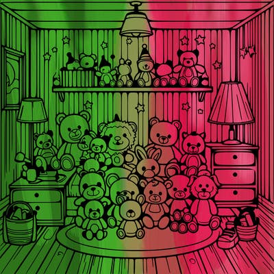 a room full of stuffed animals and full of lights