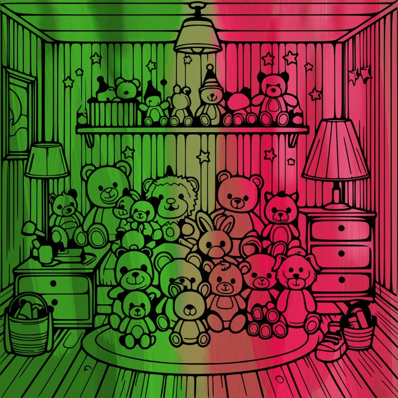 a room full of stuffed animals and full of lights