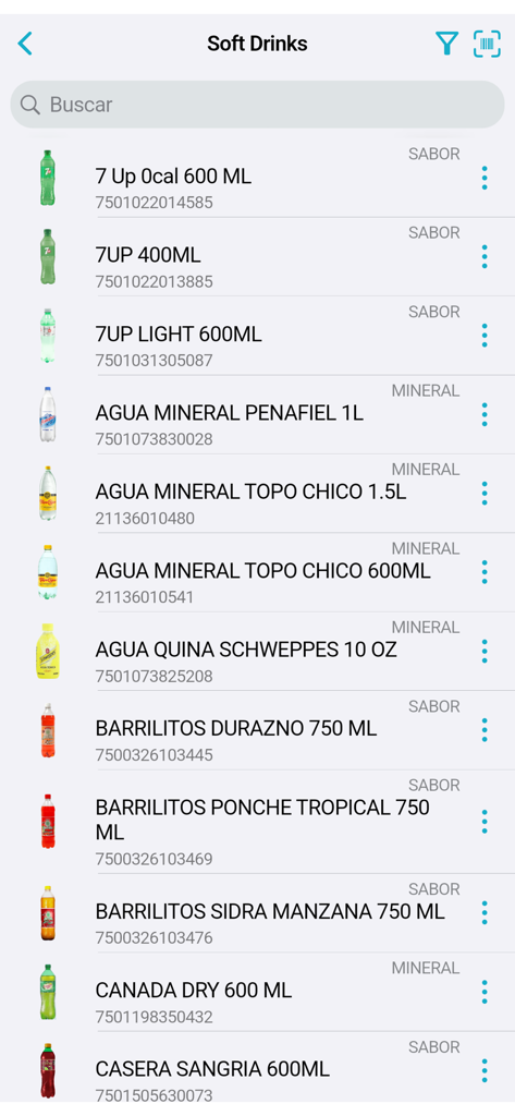 OPENCatman - Interface of the OPENCatman app showing a searchable list of soft drink products with their barcodes and images