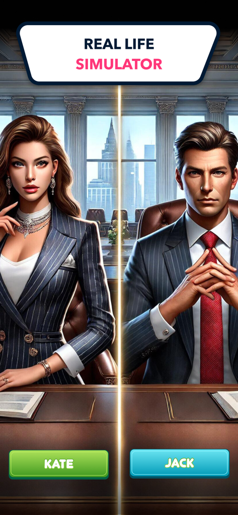 A character selection screen in the Billionaire Money and Power app featuring business avatars Kate and Jack.