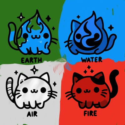 4 cats that represent the different elements, earth, water, air, and fire
