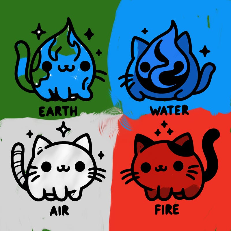 4 cats that represent the different elements, earth, water, air, and fire