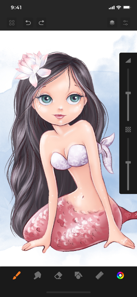 Digital illustration of a mermaid character being created in the Sketchbook app interface