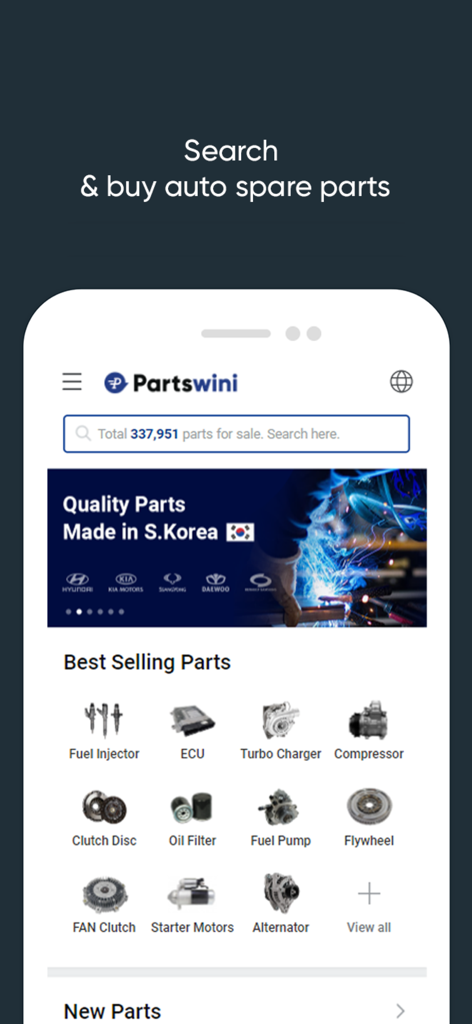 Autowini For Buyers - Pantalla de la aplicación Autowini que muestra un mercado de repuestos de automóviles al por mayor de Corea del Sur