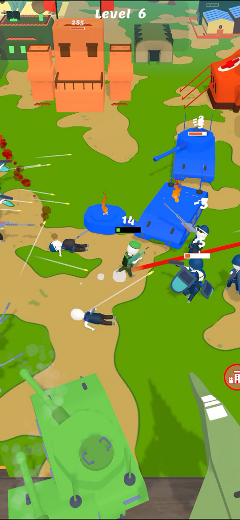 Island Warfare 3D: Guns' Land - Top down 3D gameplay showing tanks and soldiers in a military battle