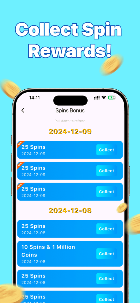 SpinLink mobile app interface showing a list of daily free spins and coins rewards with collect buttons
