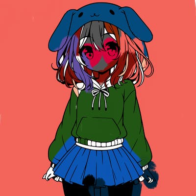 pretty anime girl wearing a fluffy hoodie with bunny ears on the hood and a skirt