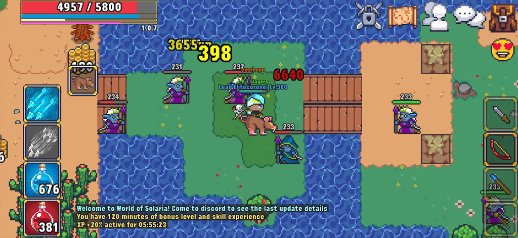 World of Solaria - MMORPG - A high-level player character riding a mount and engaging in combat with enemies in a pixel art open world