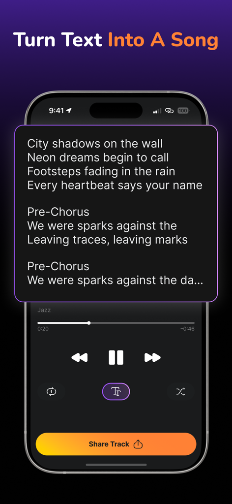 AI Song maker. Music generator - Aplicativo gerador de música com IA mostrando letras na tela e uma interface de reprodutor de música com um botão Compartilhar Faixa