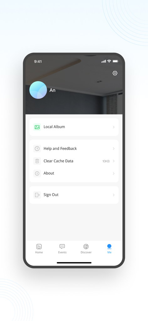 Sight Bulb - The user profile and settings screen of the Sight Bulb security camera app