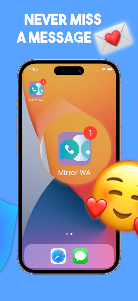 Pantalla de inicio del iPhone mostrando el icono de la aplicación Mirror WA con una insignia de notificación de nuevo mensaje