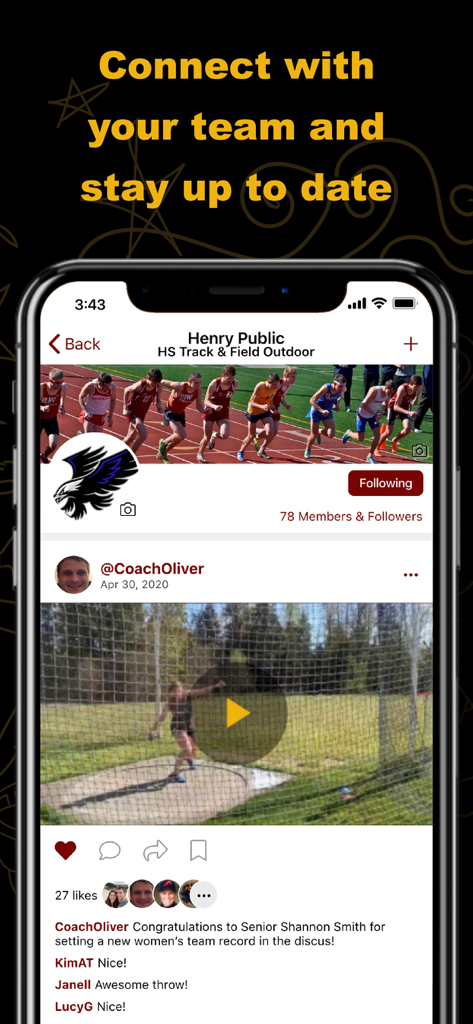 Fil d'actualité social de l'équipe d'athlétisme d'Athletic.APP montrant une publication d'entraîneur et des commentaires d'athlètes