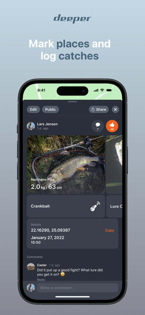 Fish Deeper - Fishing App - Catch logging screen in the Fish Deeper app showing a northern pike catch details