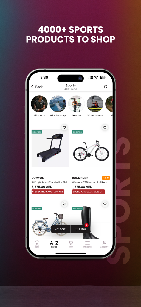 Azadea | High Street Fashion - Azadea app interface showing a selection of sports products including bikes and exercise equipment