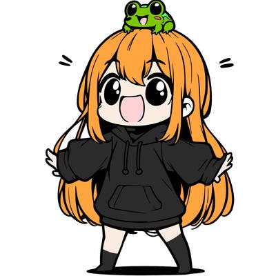 a excited chibi girl whith long hair and a baggy shirt whith a frog on there head