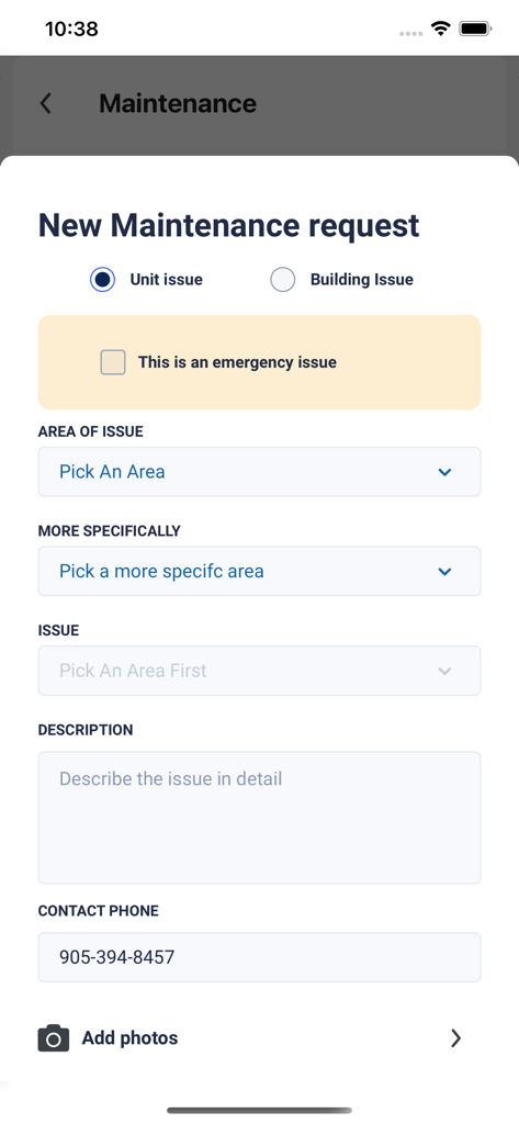 MyVista by Property Vista - Interface of the MyVista app showing a form to submit a new maintenance request including options for unit or building issues