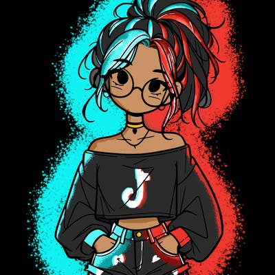 girl with a messy ponytail glasses a baggy crop top and jean shorts