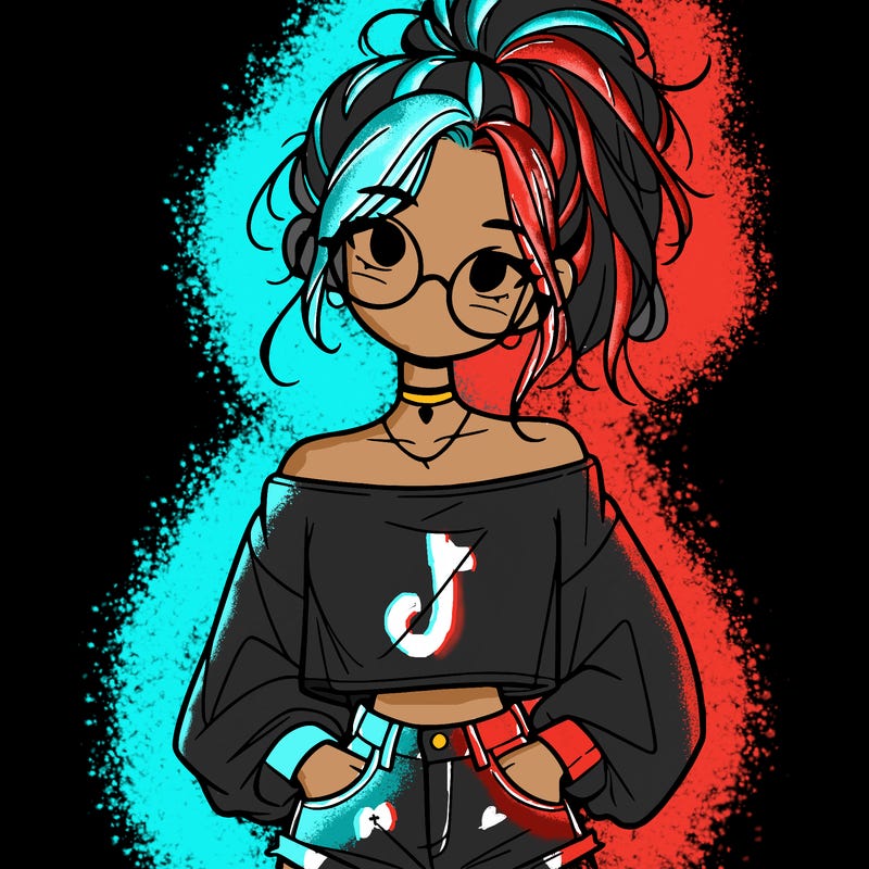 girl with a messy ponytail glasses a baggy crop top and jean shorts