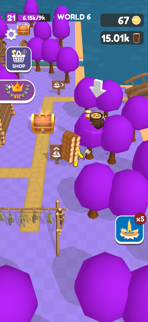 Craft Island - Un personnage dans Craft Island coupant des arbres violets et transportant une grande pile de bûches sur une île violette.