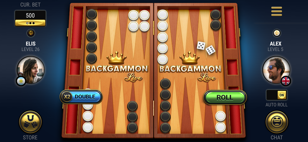 Backgammon Live™ Board Game - Online backgammon match on a digital wooden board with player avatars and game controls