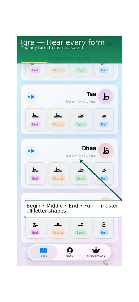 Learn Quran Reading by-Steps - An interactive lesson screen showing different forms of Arabic letters with audio pronunciation for Quran learning.
