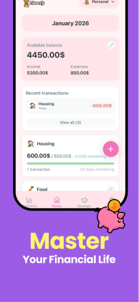 Panel de la aplicación móvil Flowfy que muestra el saldo mensual, los ingresos y el seguimiento de gastos