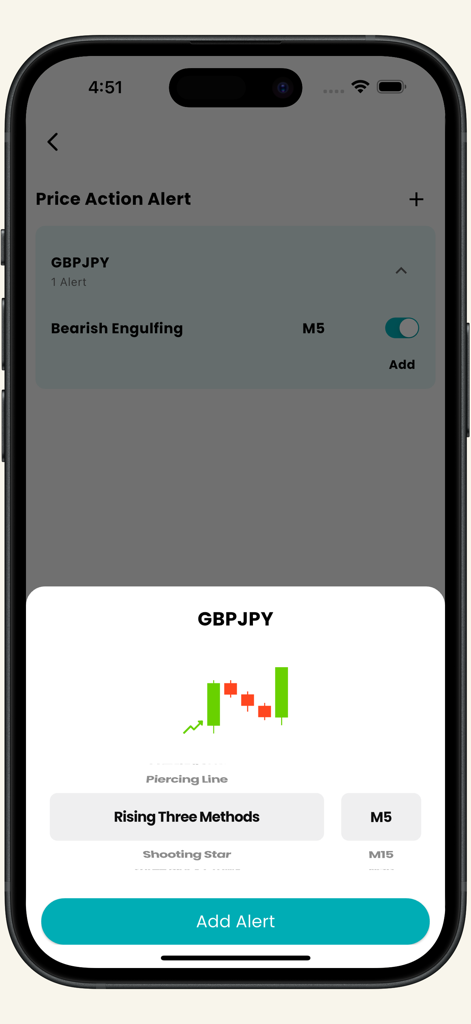 Tela móvel mostrando como configurar um alerta de padrão de candlestick para GBPJPY