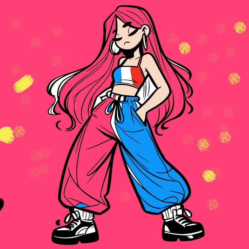 girl in baggy pants crop top and long hair